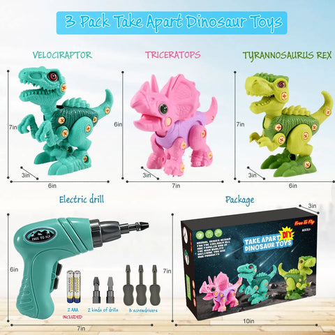 Take Apart Dinosaur Toys For Kids Aged 3 Through 7 With Electric Drill STEM Building Set Three Pack Featuring pink, green and cyan dinos, 7in, plastic
