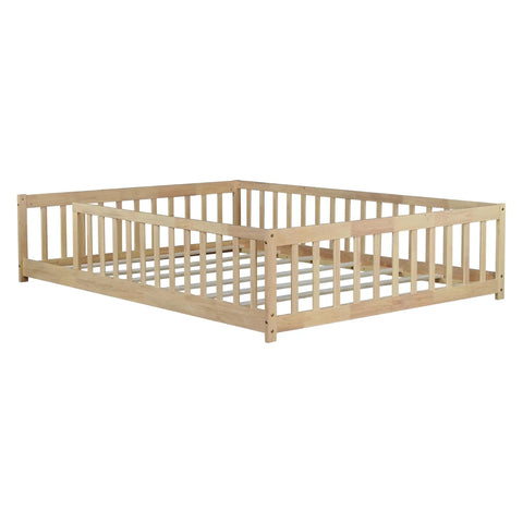 Rock Solid Full Size Montessori Floor Bed With Safety Rails, Natural Solid Wood Kids Sleep Platform, sturdy frame with safety slats.