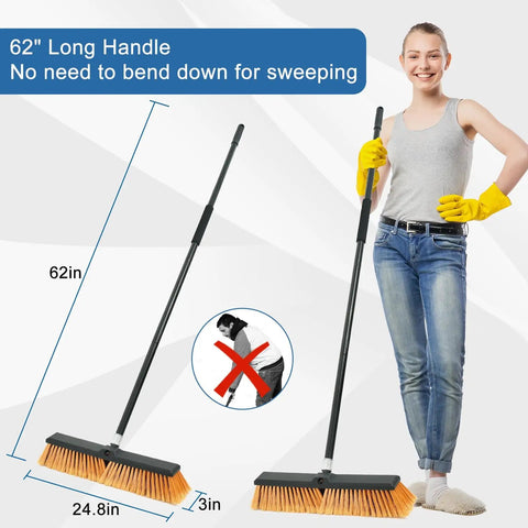 Image showing a woman standing with a Big 24 Inch Push Broom With 60 Inch Handle For Indoor Outdoor Cleaning in a garage or shop.
