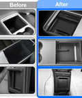 Before and after installation of Five Piece Center Console Organizer Kit For Tesla Model 3 And Model Y 2021 To 2024 OEM Style Fit