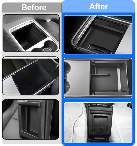 Before and after installation of Five Piece Center Console Organizer Kit For Tesla Model 3 And Model Y 2021 To 2024 OEM Style Fit