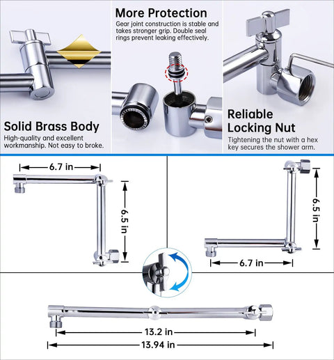 Diagram showing 13 Inch Shower Head Extension Arm With Solid Brass Construction, height and angle adjustable, chrome finish.