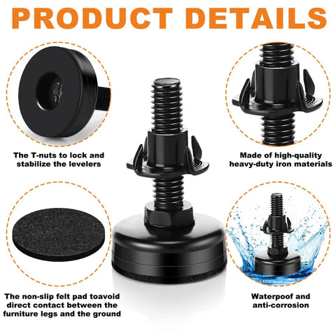 Kick The Wobble Adjustable Leveling Feet With T Nut Kit And Anti Skid Pads For Heavy Duty Tables Chairs Desks Cabinets 32 Piece Metal Leg Setup Matte Black close-up of T-nut and non-slip pad detail