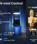 Exploded view of oil-mist control assembly for automotive vacuum pump; blue housing, white cotton filter, brass fittings