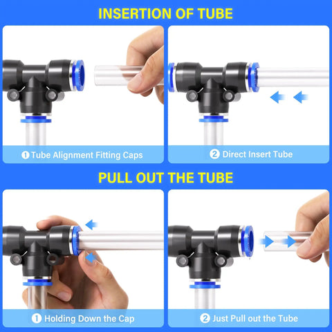 Hands demonstrating insertion and removal of tube in One Quarter Inch OD Push To Connect Pneumatic Fittings Kit with 36 pieces.