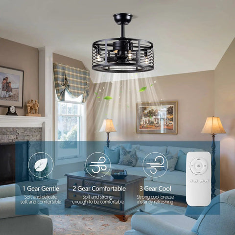 Dope Modern Enclosed Ceiling Fan With Remote Control in living room setting, black caged industrial light with 8 ABS blades.