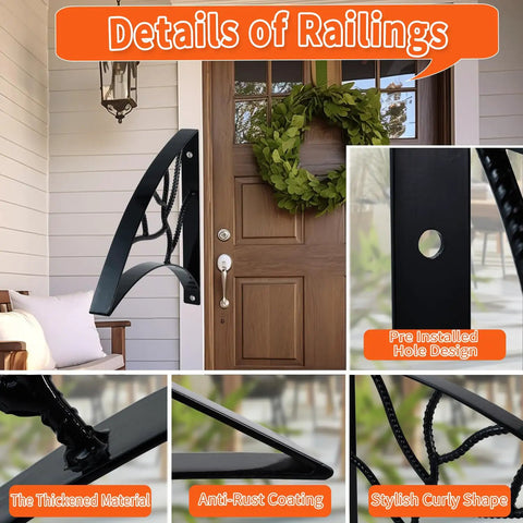 Badass Black Wrought Iron Porch Handrail With Dope Leaf Style Wall Mounted Stair Grab Rail showing thickened material and stylish curly shape.