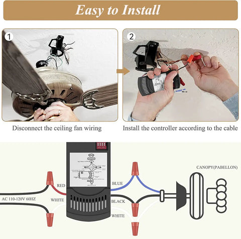 Installation steps for Universal Ceiling Fan Remote Kit With Light Dimmer And 3 Speed Control Includes FAN28R Receiver