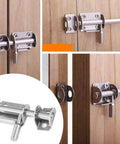 Stainless Steel Sliding Bolts Hasp Hardware Safety Gate Bathroom Door Lock on wooden doors with multiple angles.