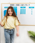 Child using 131 And 4 Piece Jumbo Blue Magnetic Base Ten Blocks Set With Headings For Math on whiteboard