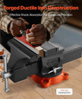 Heavy Duty 8 Inch Bench Vise With 360 Degree Swivel Locking Base And 8 Inch Jaw Opening in use on wooden workbench