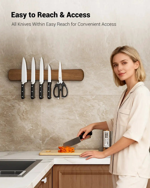 Woman using Magnetic Knife Holder For Wall And 16 Inch Acacia Wood Knife Strip, Kitchen Storage Organizer with knives and shears.