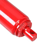 Red hydraulic long-ram jack cylinder end with clevis base, close-up view