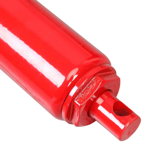 Red hydraulic long-ram jack cylinder end with clevis base, close-up view