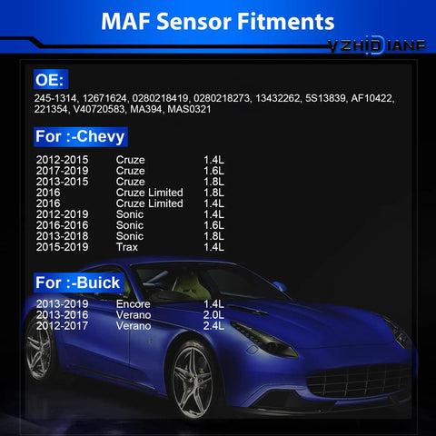 Mass Airflow Sensor For Chevy Cruze Sonic Trax Buick Encore Verano 1.4L 1.6L 1.8L 2.0L 2.4L AF10422 221354 MAS0321 fitment list