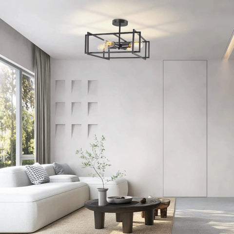 Four Light Black Semi Flush Mount Ceiling Light Fixture with Industrial Farmhouse Style in modern living room