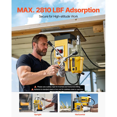 Heavy Duty Portable Magnetic Drill Press With 1400 Watt Copper Motor being used for secure high-altitude work, max 2810 lbf pull force.