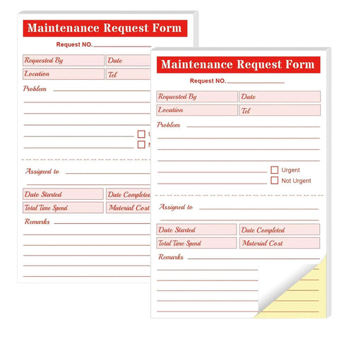 Two Part Carbonless Maintenance Request Forms Book Set, 50 Packs of 100 Sheets Per Book, Easy Tear Perforated Copies for Quick Service Requests, Durable Paperwork for Maintenance Teams and Field Technicians, two-copy form shown