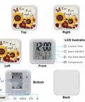 Nifty Little Sunflower Watercolor Floral Bedside Digital Alarm Clock Featuring Sweet Led Nightlight And Easy Snooze Mode For Bedroom Or Home Office Desk Quiet Time Display, LCD display and design details.