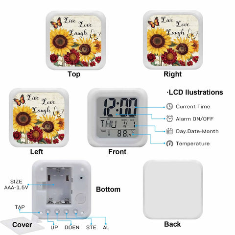 Nifty Little Sunflower Watercolor Floral Bedside Digital Alarm Clock Featuring Sweet Led Nightlight And Easy Snooze Mode For Bedroom Or Home Office Desk Quiet Time Display, LCD display and design details.