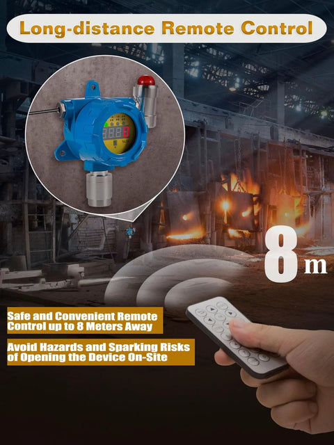 Blue fixed gas detector with digital display and wireless remote in an industrial setting