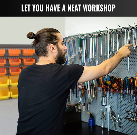 Man organizing tools using Garage Organizer Bins 30 Piece Wall Mount Storage Kit With Pegboard And Screws Real Handy Small Parts Bins