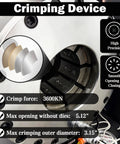 Close-up of crimping device showing max opening of 5.12 in, 3600KN force for Rock Solid Electric Hose Crimping Machine For Hydraulic Tube Press With Ten Die Kits Smooth 220 Volt Operation Built Tough For Jobsite Grind Getting Perfect Seals Every Single Time Guaranteed.