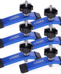 Six Pack T Track Hold Down Clamps Kit With Three And A Half Inch T Bolts For Woodworking Each Clamp Measures Six And One Third Inches Long By One And One Fifth Inches Wide Heavy Duty Anodized Woodworking Clamps In Starlight Blue