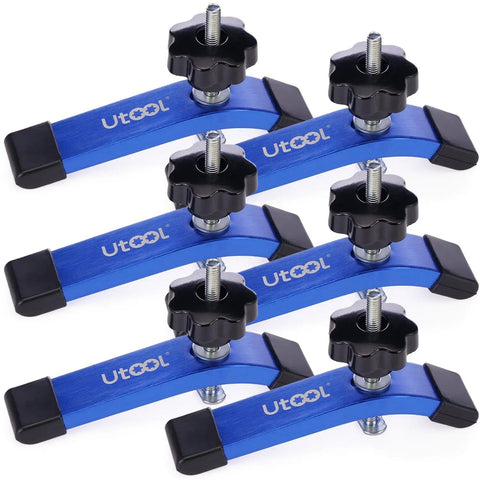 Six Pack T Track Hold Down Clamps Kit With Three And A Half Inch T Bolts For Woodworking Each Clamp Measures Six And One Third Inches Long By One And One Fifth Inches Wide Heavy Duty Anodized Woodworking Clamps In Starlight Blue