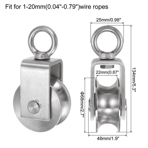 Beefy 304 Stainless Steel M68 U Type Rope Pulley Wheel With Duplex Bearing, Heavy Duty Cable Pulley Roller For Pulley System, Gym Ready Load Up To 2000lbs, Fits 1 to 20mm Wire Ropes, Rust Resistant, 68mm pulley with 22mm groove
