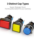 Three Five Pack Sixteen Millimeter Latching Push Button Switches With Beefy Blue Rectangular Caps And 12V DC LED Indicator, SPDT Five Pin 1NO Plus 1NC, 5A 250V AC, Industrial Grade Panel Switches showing distinct red, yellow, and blue cap types.