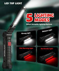 Rechargeable LED Work Light For Men With Magnetic Base And 360 Degree Rotating Mechanic Flashlight Two Pack showing 5 lighting modes