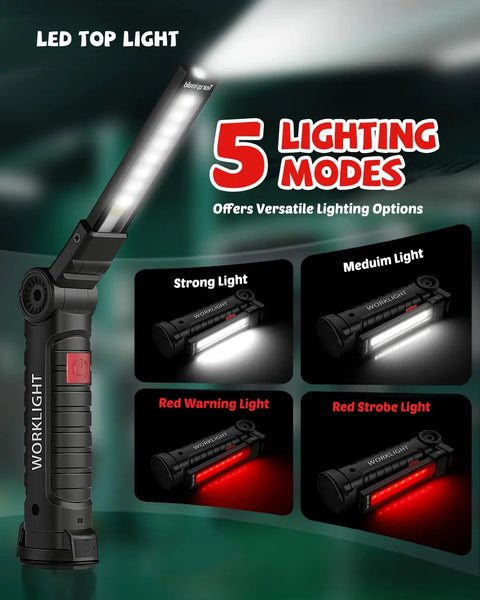 Rechargeable LED Work Light For Men With Magnetic Base And 360 Degree Rotating Mechanic Flashlight Two Pack showing 5 lighting modes