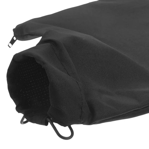 Close-up of Heavy Duty Cloth Miter Saw Dust Collection Bag With A Secure Zipper Closure Black Replacement, showing zip closure and fabric.