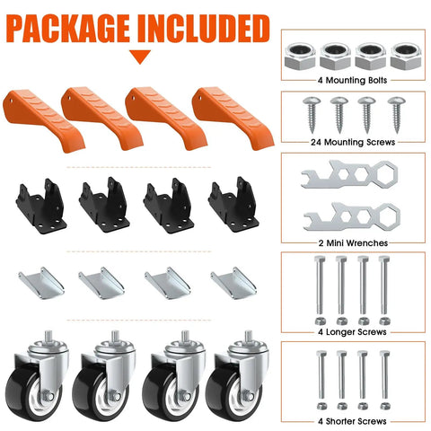 Package contents of Heavy Duty Workbench Caster Kit With 880 Lbs Capacity, 3 Inch Retractable Casters, 4 Pack