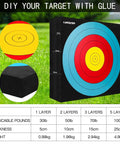 Backyard Archery Target in 20x20x2 Inch High Density EVA Foam with multicolor target rings and specifications chart