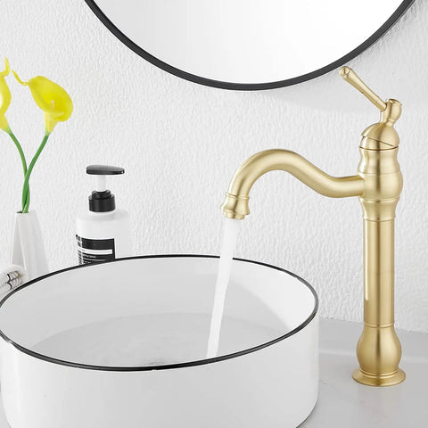 360 Degree Swivel Vessel Sink Faucet With One Hole Install, Brushed Gold Farmhouse Vanity Faucet next to basin