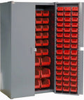 Built Like A Tank Industrial Storage Cabinet with 144 vibrant red plastic sorting bins for garage organization.