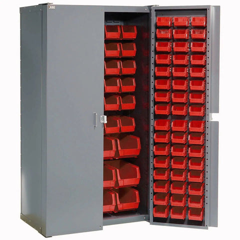Built Like A Tank Industrial Storage Cabinet with 144 vibrant red plastic sorting bins for garage organization.