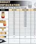 43 Piece Brass DOT Air Brake Fitting Kit With Push To Connect 1/4 In 3/8 In 1/2 In Quick Connect And NPT Thread Tubing Fittings Chart