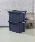 Eight Pack Heavy Duty Storage Bins With Secure Snap Lids Rock Solid Plastic Totes Built Like A Tank For Garage Basement Outdoor Campout Gear And Seasonal Gear 30 Gallon Capacity Dark Indigo Bucket stacked in a home setting.