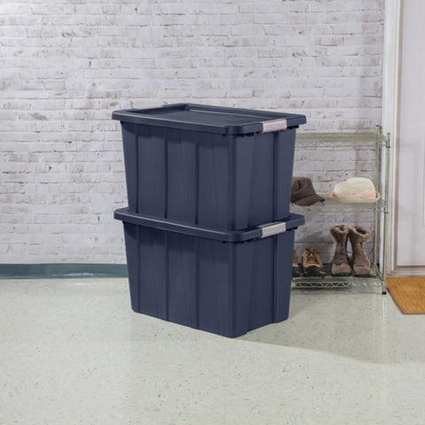 Eight Pack Heavy Duty Storage Bins With Secure Snap Lids Rock Solid Plastic Totes Built Like A Tank For Garage Basement Outdoor Campout Gear And Seasonal Gear 30 Gallon Capacity Dark Indigo Bucket stacked in a home setting.