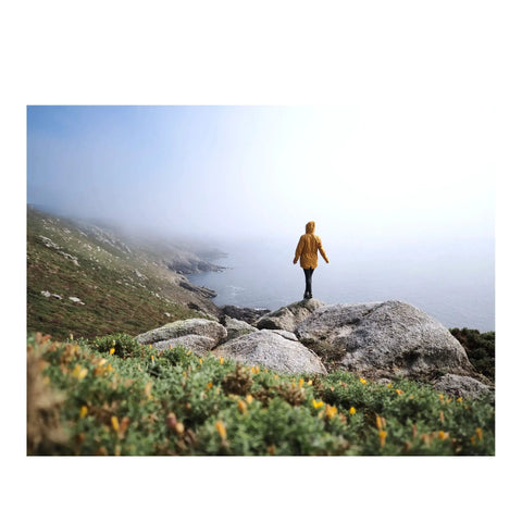 Person in yellow jacket stands on rocky cliff overlooking foggy ocean, demonstrating the rugged weather-sealed camera's outdoor use.