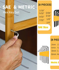 Person using a hex key from SAE & Metric Hex Key Set to tighten a screw on wooden furniture. Display of SAE and Metric sizes.