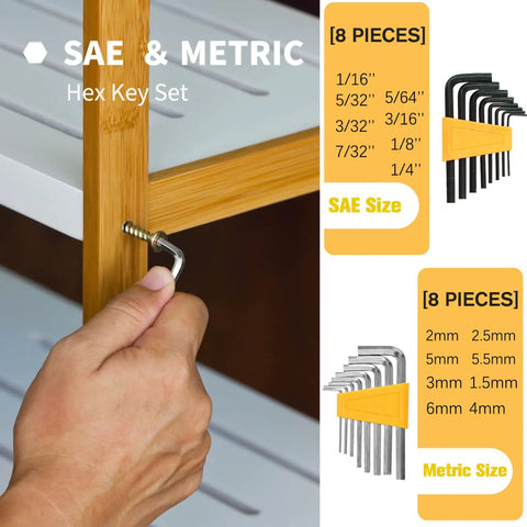 Person using a hex key from SAE & Metric Hex Key Set to tighten a screw on wooden furniture. Display of SAE and Metric sizes.