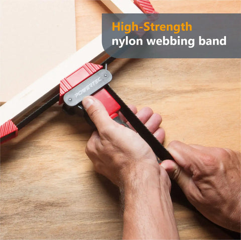Badass Two Pack Strap Band Clamps With Quick Release Levers and Ergonomic Handles for Woodworking displaying nylon webbing during use.