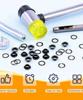 One Quarter Inch Black Grommet And Eyelet Kit With 200 Sets And Included Tools for DIY Projects Displayed with Hammer and Install Rod