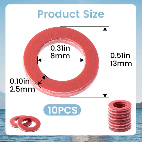 10 Pack Red Drain Plug Gaskets For Yamaha Outboard Lower Unit Gear Oil Seal 4 Stroke Replacement 0.51 X 0.31 Inch Size Diagram