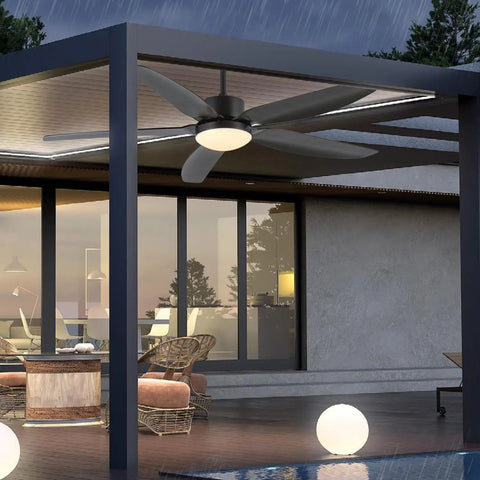52 inch Outdoor Ceiling Fan with Light, IP65 Waterproof, 6 Speed Remote installed in covered patio with rain.