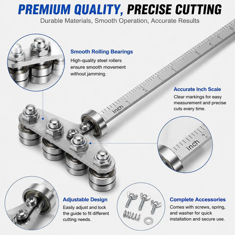 Precision Circular Saw Guide Rail Kit Featuring Heavy Duty Positioning Calipers with smooth rolling bearings and inch scale for accuracy.